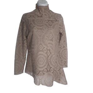 Soft Surroundings‎ Taupe Lace Tunic PXS Long Sleeve Mock Neck Asymmetrical Hem